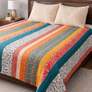 Boho Striped Reversible Quilt Bedspread Multi-Color Damask Geometric Full Queen